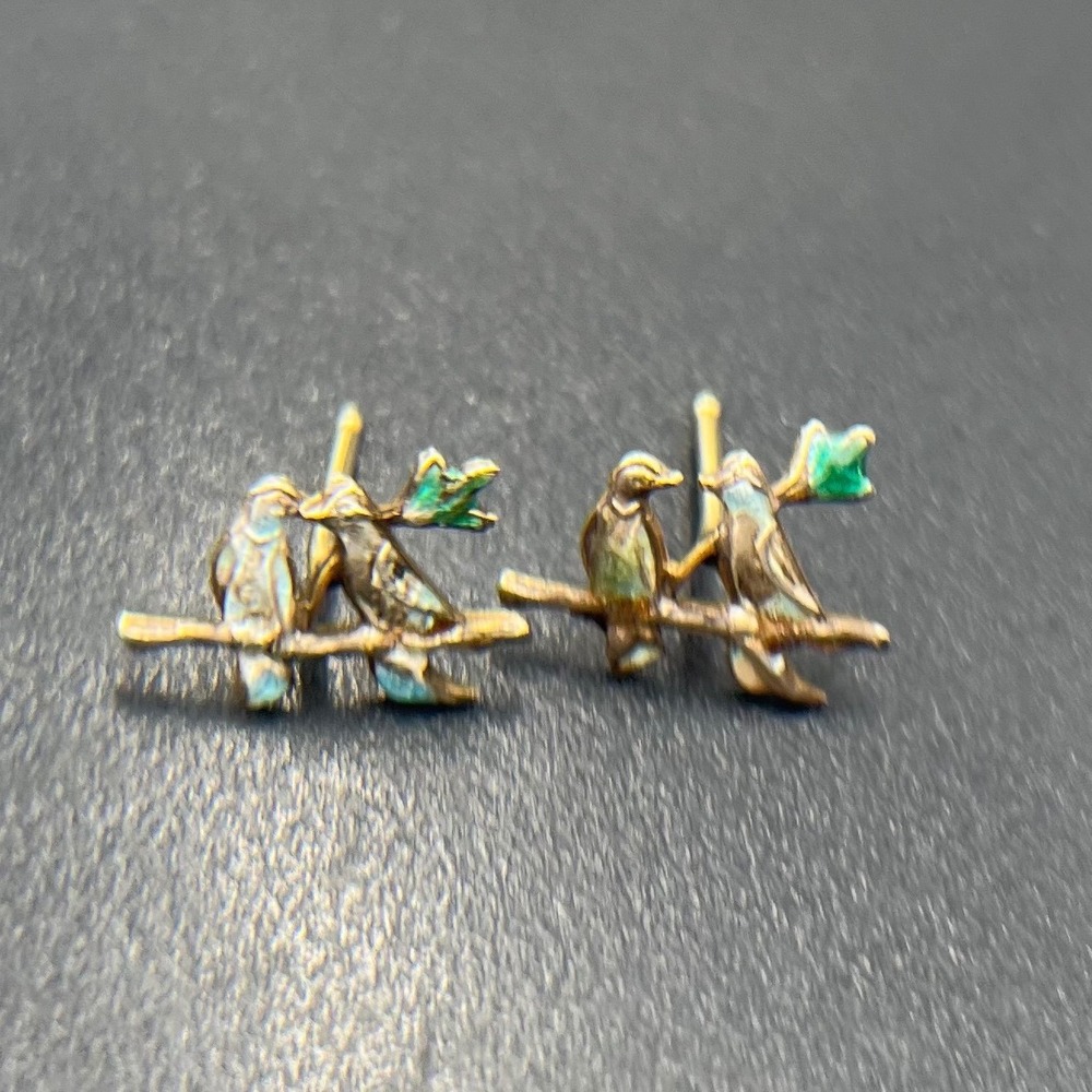 Vintage 14k Yellow Gold Lovebird
Stud Earrings Enamel Birds on
Branch Perched